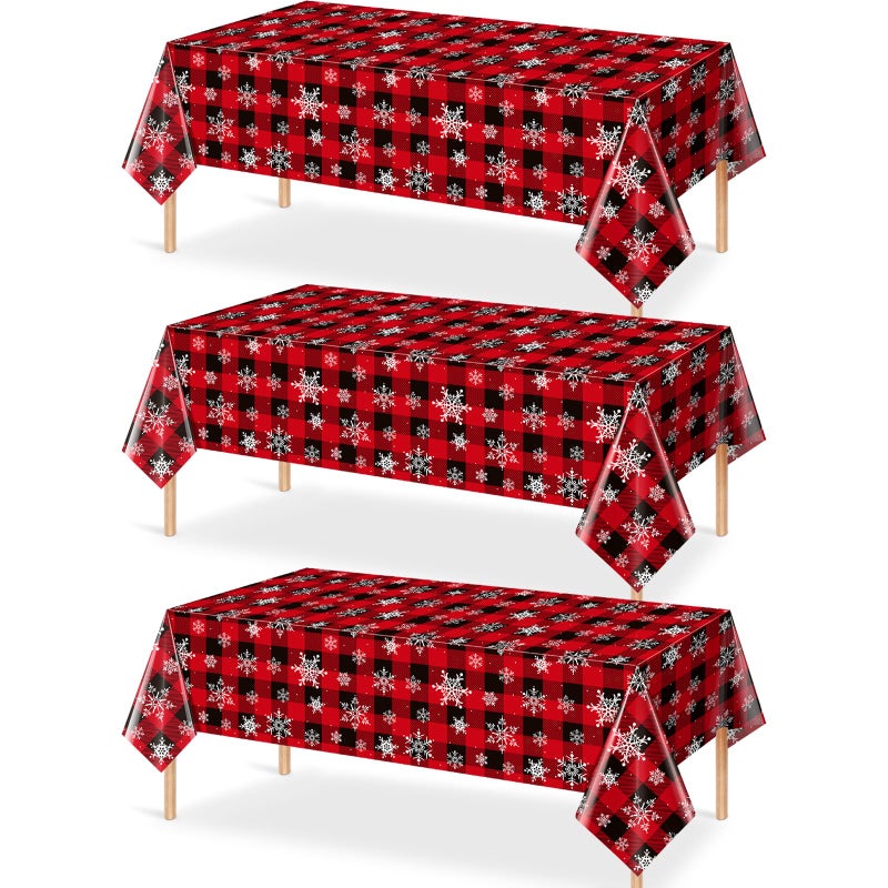 Jectivs 3 Pieces Red and Black Buffalo Plaid Merry Christmas Party Tablecloth Decorations Plastic White Snowflake Buffalo Plaid Sign Table Cover for Winter Christmas Holiday Party Supplies 54x108 inch - Image 1